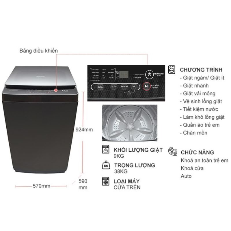 Máy giặt Sharp 9kg ES-Y90HV-S cửa trên 5 Thông số máy giặt Sharp 9kg ES-Y90HV-S cửa trên