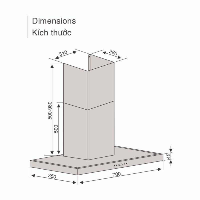 Máy hút mùi áp tường Lorca TA 6007TM-70 4 Kích thước máy hút áp tường Lorca TA 6007TM-70