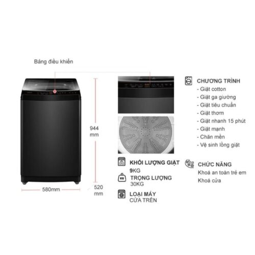 Kích thước máy Giặt Aqua 9 Kg AWM9-316K(B) cửa trên