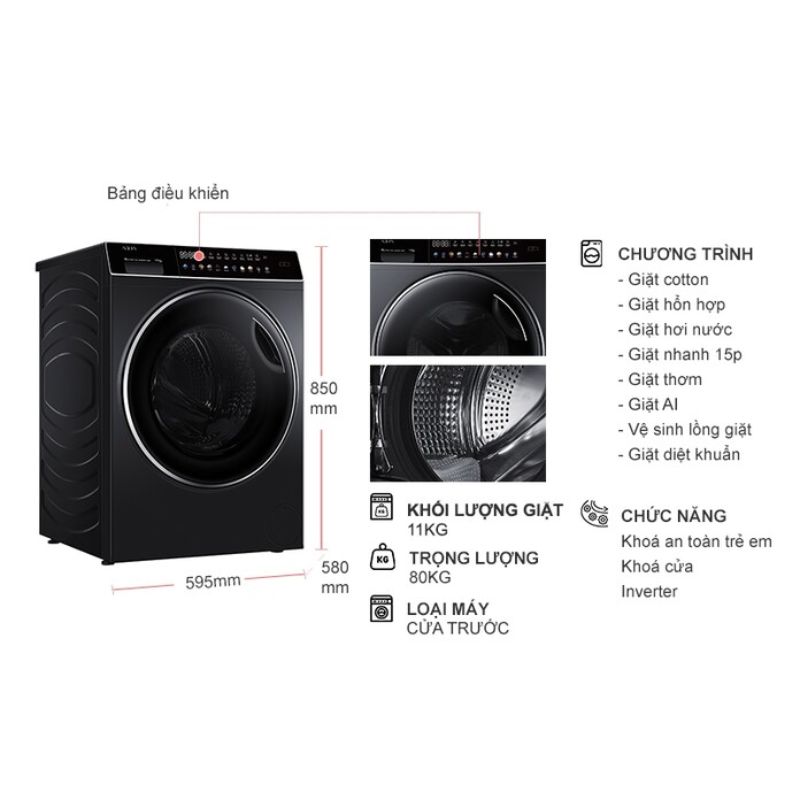 Máy Giặt Aqua Inverter 11 Kg AQD-DW1100J.BK cửa trước 6 Kích thước máy Giặt Aqua Inverter 11 Kg AQD-DW1100J.BK cửa trước