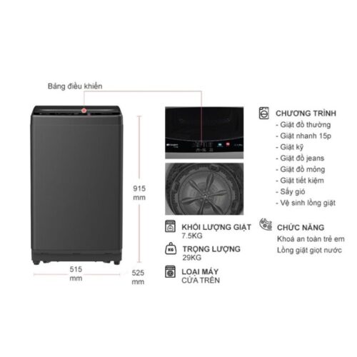 Máy Giặt Casper 7.5 Kg WT-75NG1 cửa trên 7 Kích thước máy Giặt Casper 7.5 Kg WT-75NG1 cửa trên