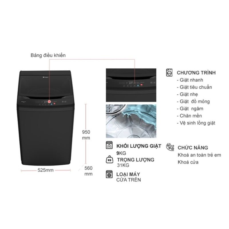 Máy Giặt Casper 9 Kg WT-9NB3 cửa trên 5 Kích thước máy Giặt Casper 9 Kg WT-9NB3 cửa trên