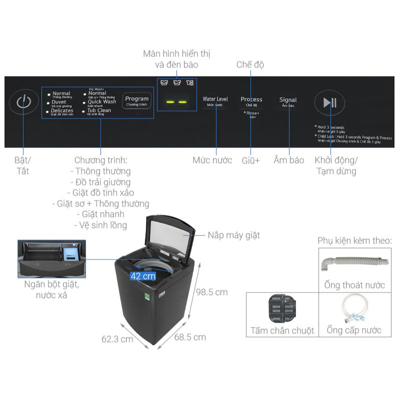 Máy Giặt LG Inverter 12 Kg T2512VBTB cửa trên 6 Kích thước máy Giặt LG Inverter 12 Kg T2512VBTB cửa trên