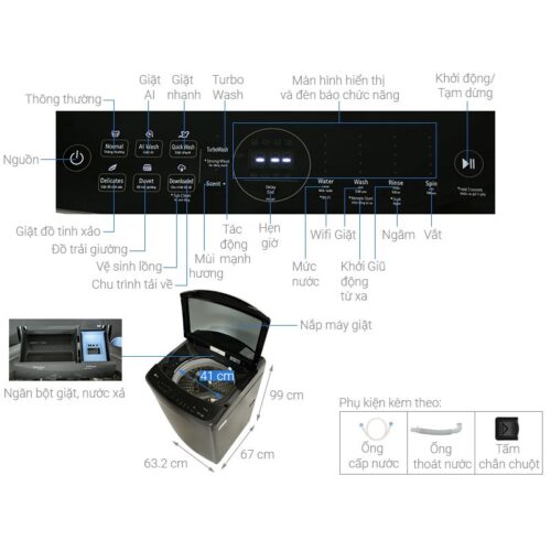 Máy Giặt LG Inverter 19 Kg TV2519DV7B cửa trên 9 Kích thước máy Giặt LG Inverter 19 Kg TV2519DV7B cửa trên
