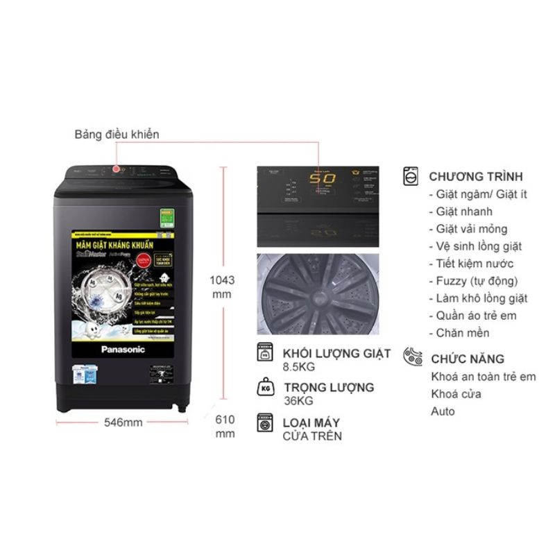 Máy Giặt Panasonic 8.5 Kg NA-F85A9BRV cửa trên 6 Kích thước máy Giặt Panasonic 8.5 Kg NA-F85A9BRV cửa trên