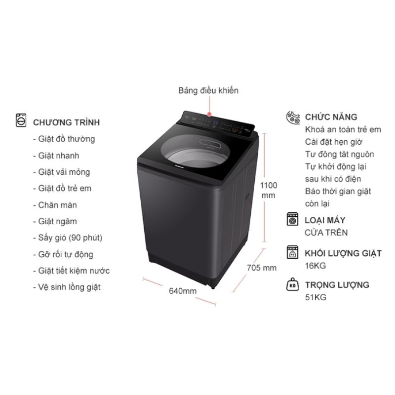 Máy Giặt Panasonic Inverter 16 Kg NA-FD16V1BRV cửa trên 5 Kích thước máy Giặt Panasonic Inverter 16 Kg NA-FD16V1BRV cửa trên