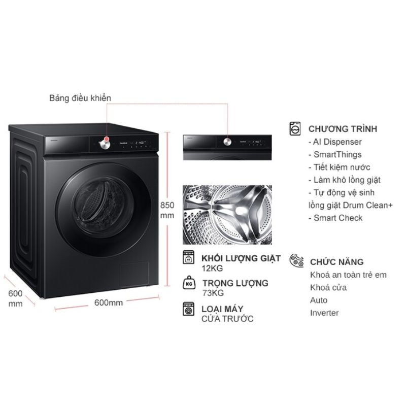 Máy Giặt Samsung Inverter 12 Kg WW12CB944DGBSV cửa trước 7 Kích thước máy Giặt Samsung Inverter 12 Kg WW12CB944DGBSV cửa trước