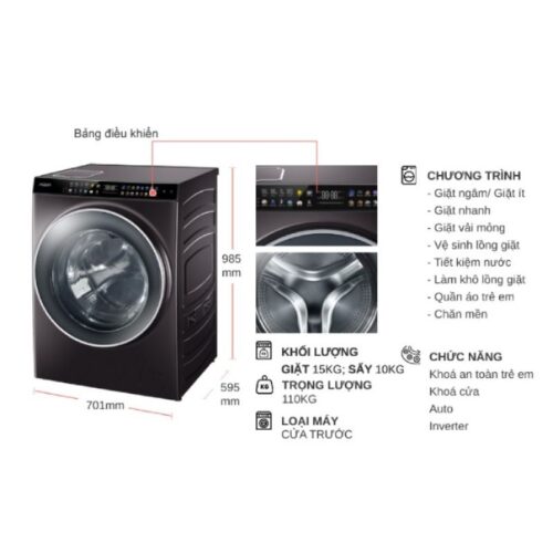 Máy Giặt Sấy Aqua Inverter Giặt 15 Kg - Sấy 10 Kg AQD-DH1500G.PP 9 Kích thước máy Giặt Sấy Aqua Inverter Giặt 15 Kg - Sấy 10 Kg AQD-DH1500G.PP