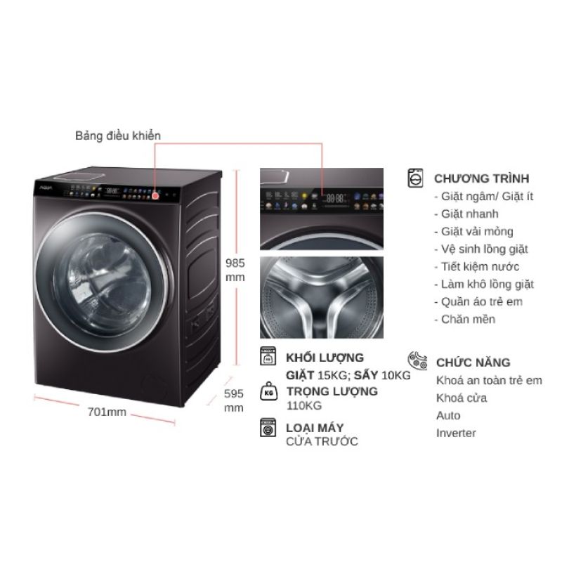 Máy Giặt Sấy Aqua Inverter Giặt 15 Kg - Sấy 10 Kg AQD-DH1500G.PP 6 Kích thước máy Giặt Sấy Aqua Inverter Giặt 15 Kg - Sấy 10 Kg AQD-DH1500G.PP
