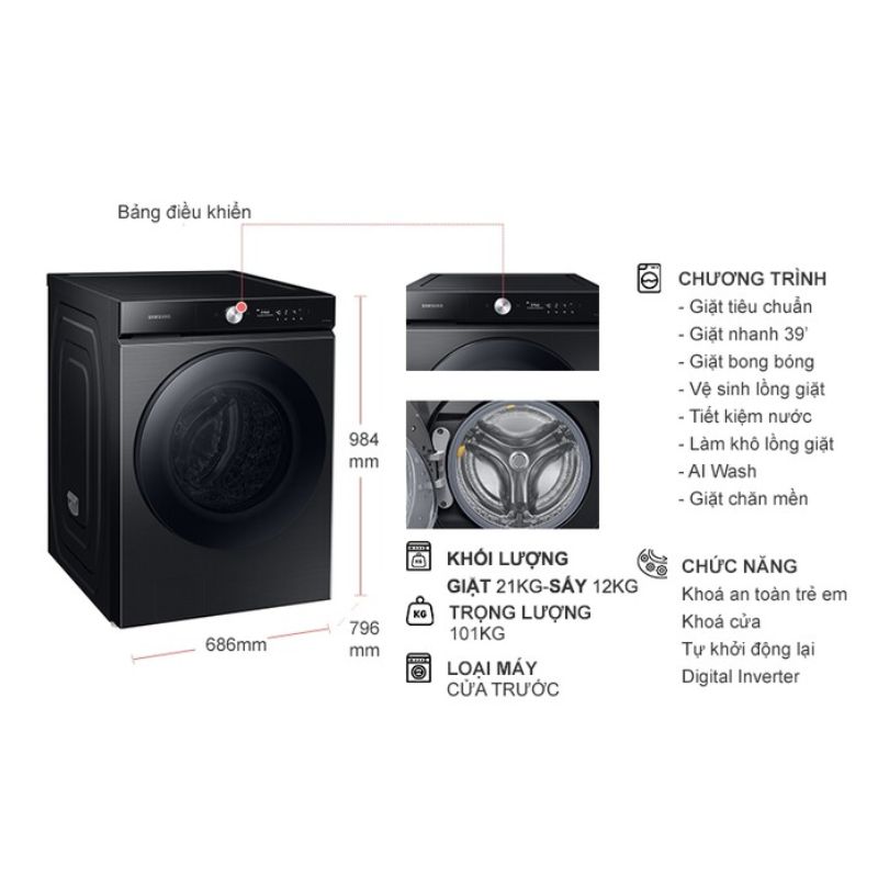 Máy Giặt Sấy Samsung Inverter Giặt 21 Kg - Sấy 12 Kg WD21B6400KV/SV 7 Kích thước máy Giặt Sấy Samsung Inverter Giặt 21 Kg - Sấy 12 Kg WD21B6400KV/SV