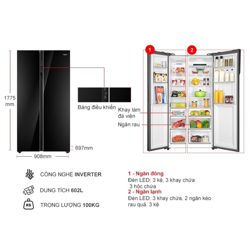 Tủ Lạnh 2 cánh side by side Inverter 602 Lít Aqua AQR-IG696FS (GB) 5 Kích thước tủ Lạnh 2 cánh side by side Inverter 602 Lít Aqua AQR-IG696FS (GB)