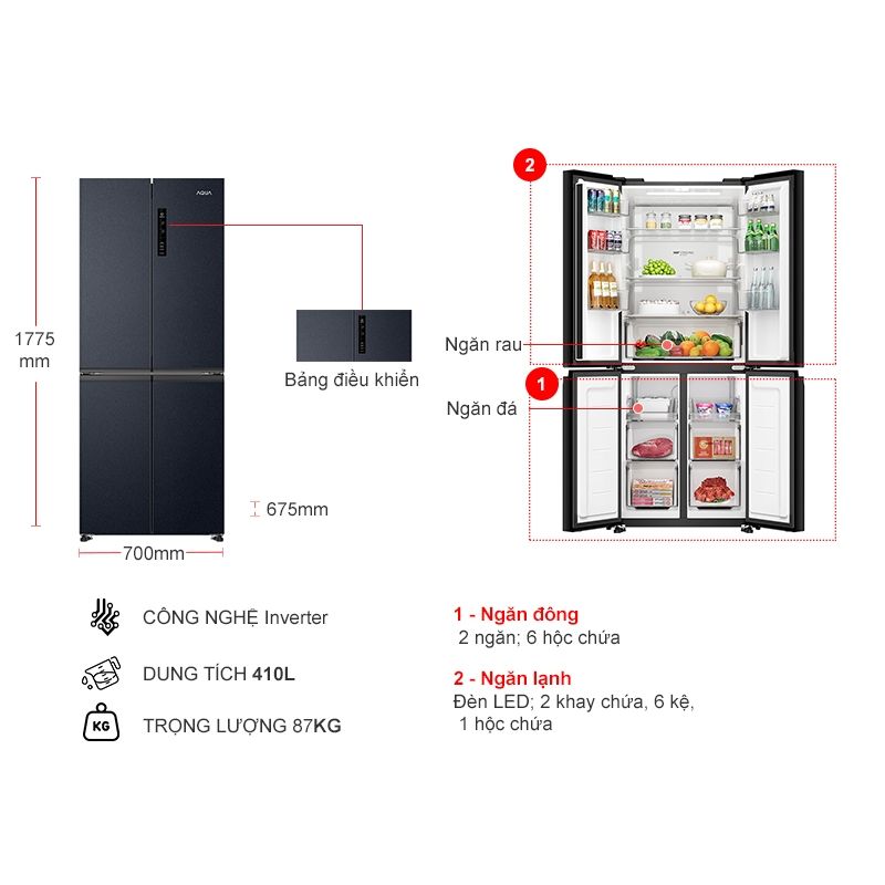 Tủ Lạnh 4 cánh Multi doors Inverter 410 Lít Aqua AQR-M466XA(CBC) 5 Kích thước tủ Lạnh 4 cánh Multi doors Inverter 410 Lít Aqua AQR-M466XA(CBC)
