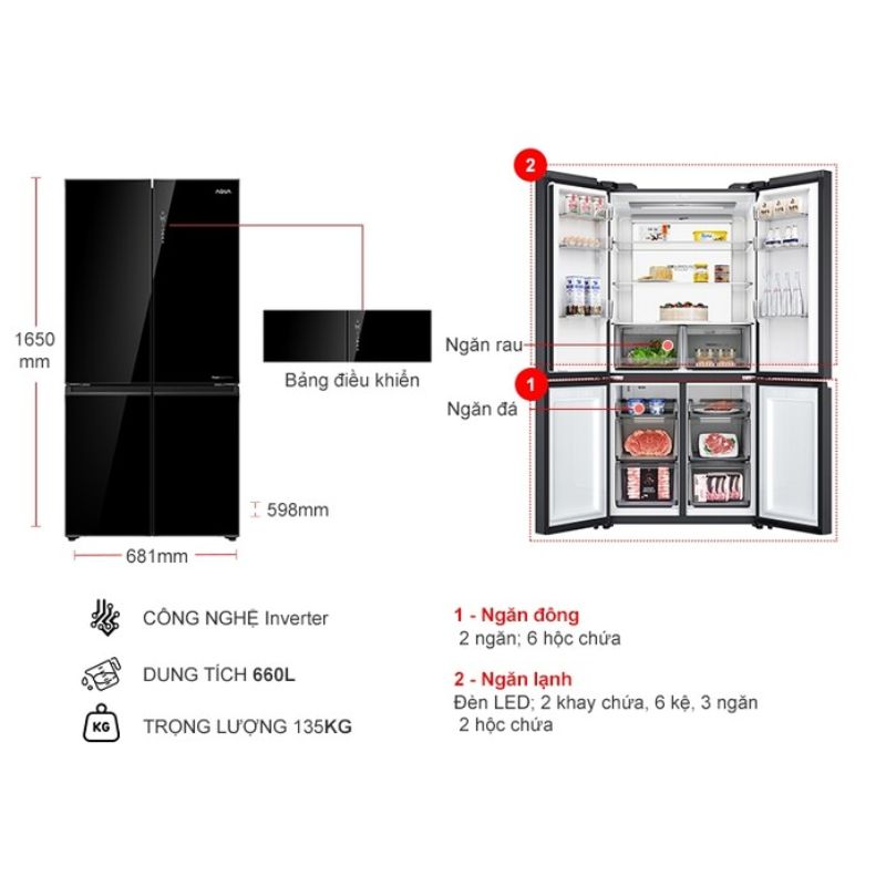 Tủ Lạnh 4 cánh Multi Doors Inverter 660 Lít Aqua AQR-M727XA(GB)U1 5 Kích thước tủ Lạnh 4 cánh Multi Doors Inverter 660 Lít Aqua AQR-M727XA(GB)U1