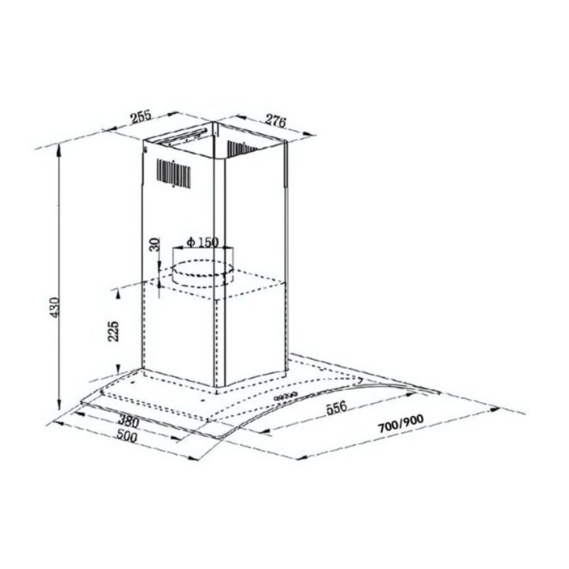 Máy hút mùi kính cong GrandX GX H70C62 4 Kích thước máy hút mùi kính cong GrandX GX H70C62
