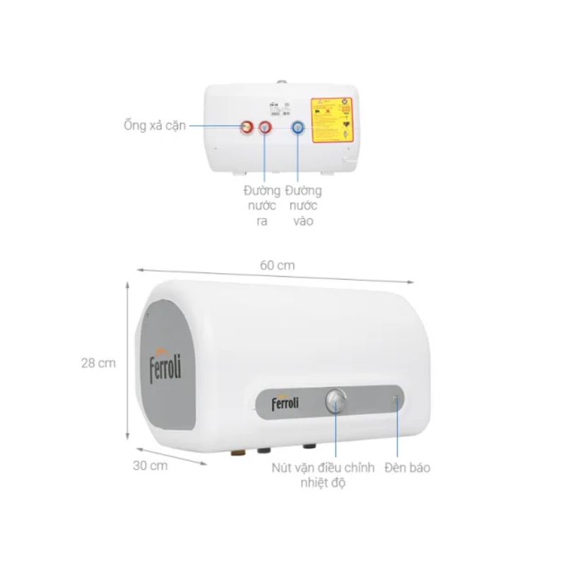 Máy nước nóng Ferroli QQ Evo 20L ME 4 Kích thước máy nước nóng Ferroli QQ Evo 20L ME