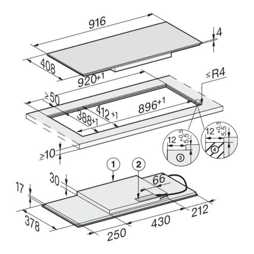 Bếp từ đa điểm Miele 4 vùng nấu KM 7684 FL lắp âm 7 Kích thước bếp từ đa điểm Miele 4 vùng nấu KM 7684 FL lắp âm