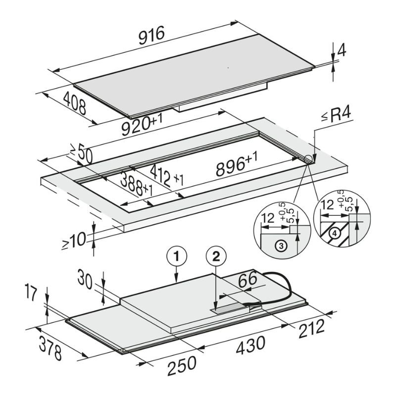 Bếp từ đa điểm Miele 4 vùng nấu KM 7684 FL lắp âm 5 Kích thước bếp từ đa điểm Miele 4 vùng nấu KM 7684 FL lắp âm