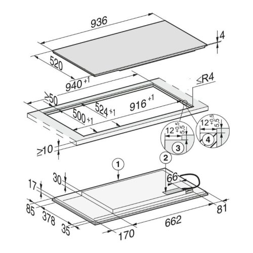 Bếp từ đa điểm Miele 5 vùng nấu KM 7594 FL lắp âm 7 Kích thước bếp từ đa điểm Miele 5 vùng nấu KM 7594 FL lắp âm