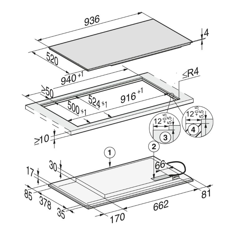 Bếp từ đa điểm Miele 5 vùng nấu KM 7594 FL lắp âm 5 Kích thước bếp từ đa điểm Miele 5 vùng nấu KM 7594 FL lắp âm