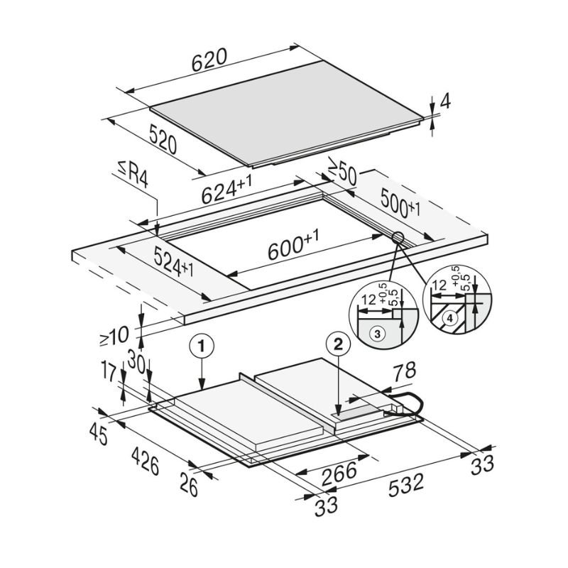 Bếp từ đa điểm Miele KM 7867-1 FL lắp âm 5 Kích thước bếp từ đa điểm Miele KM 7867-1 FL lắp âm