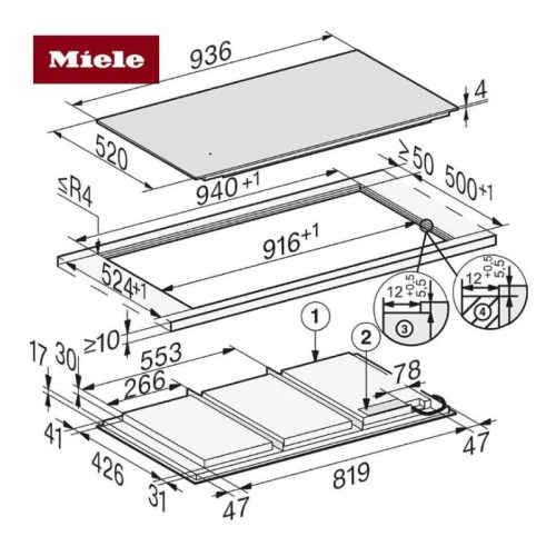 Bếp từ đa điểm Miele KM 7897 FL lắp âm 7 Kích thước bếp từ đa điểm Miele KM 7897 FL lắp âm