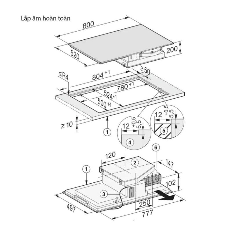 Bếp từ kết hợp hút mùi Miele 4 vùng nấu KMDA 7476 FL lắp âm 5 Kích thước bếp từ kết hợp hút mùi Miele 4 vùng nấu KMDA 7476 FL lắp âm