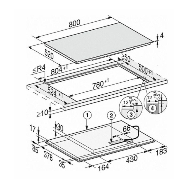 Bếp từ Miele 4 vùng nấu KM 7574 FL lắp âm 5 Kích thước bếp từ Miele 4 vùng nấu KM 7574 FL lắp âm