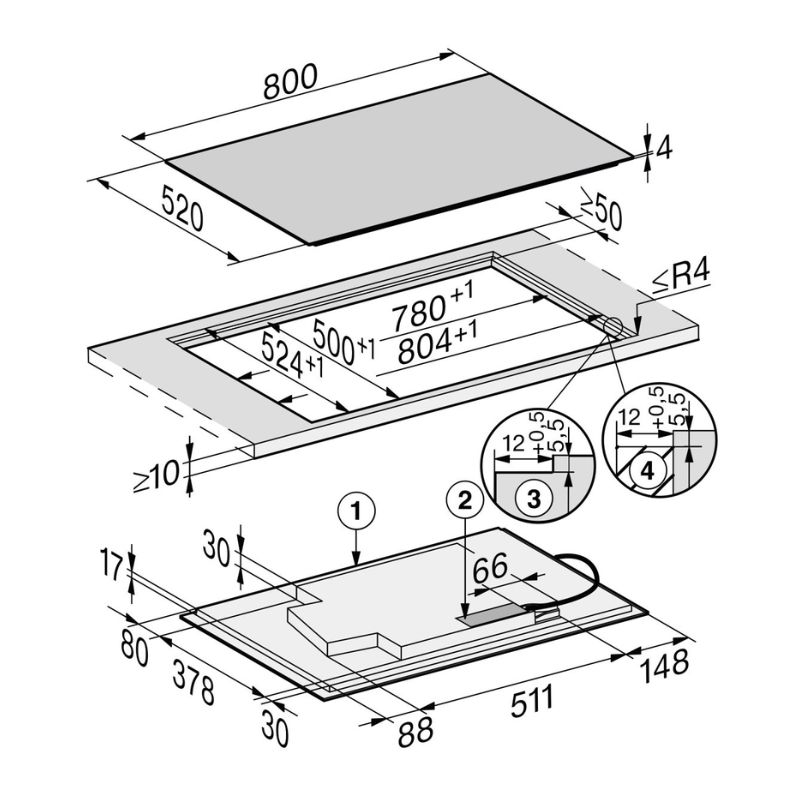Bếp từ Miele 4 vùng nấu KM 7879 FL lắp âm 5 Kích thước bếp từ Miele 4 vùng nấu KM 7879 FL lắp âm
