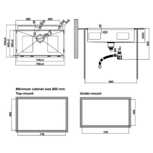 Kích thước chậu rửa bát Hafele WS R10 HS25-SSN1S-7650 567.24.485 Đen