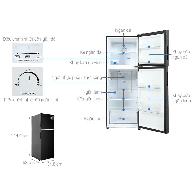 Tủ lạnh 2 cánh ngăn đá trên Inverter 245 lít Aqua AQR-T259FA(FB) 5 Kích thước Tủ lạnh 2 cánh ngăn đá trên Inverter 245 lít Aqua AQR-T259FA(FB)