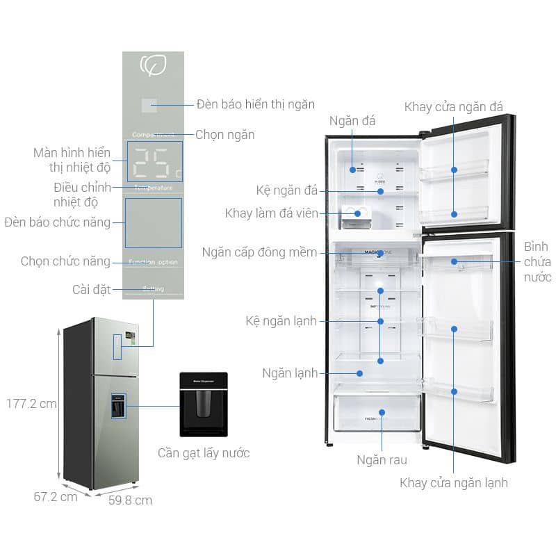 Tủ lạnh 2 cánh ngăn đá trên Inverter 347 lít Aqua AQR-T390FA(WGM) 5 Kích Thước Tủ lạnh 2 cánh ngăn đá trên Inverter 347 lít Aqua AQR-T390FA(WGM)