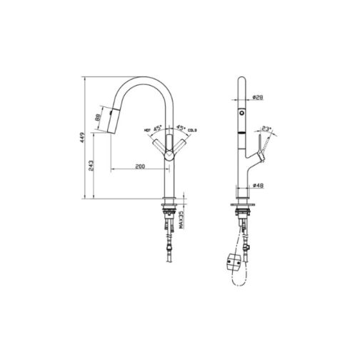Kích thước vòi rửa bát nóng lạnh Hafele LUX-P HT25-SH1F449 570.85.046 Titan