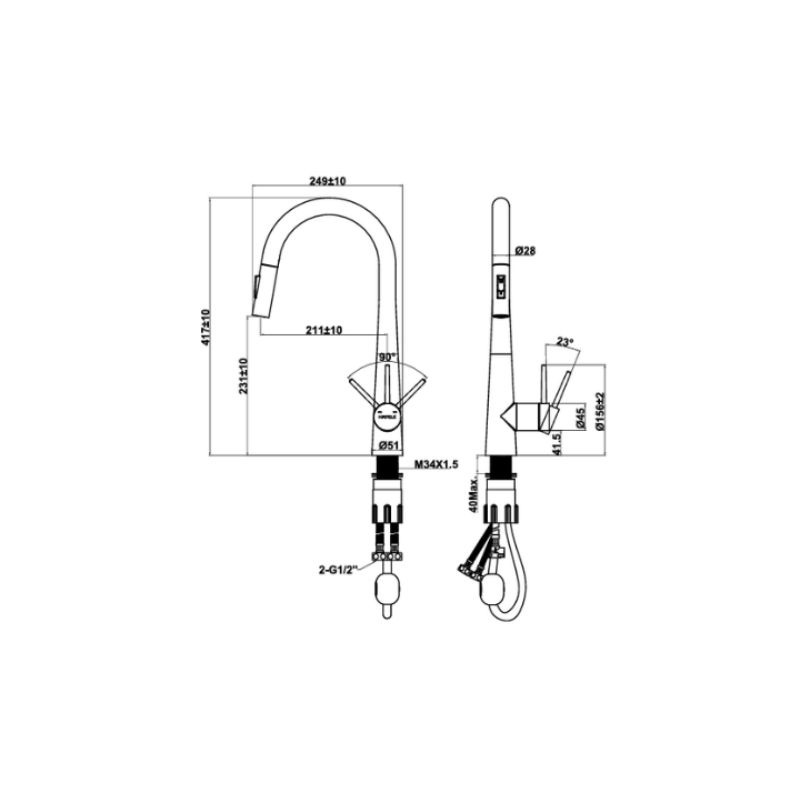 Vòi rửa bát nóng lạnh Hafele LUX-P HT25-SH1P417 567.24.498 Đen 4 Kích thước vòi rửa bát nóng lạnh Hafele LUX-P HT25-SH1P417 567.24.498 Đen