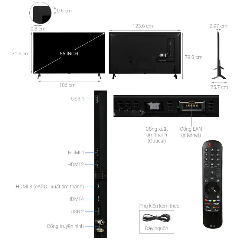 Smart Tivi QNED LG 4K 55 inch 55QNED80SRA 6 Kích thước smart Tivi QNED LG 4K 55 inch 55QNED80SRA