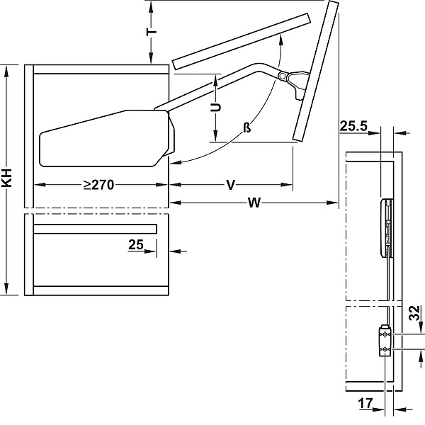 Bộ tay nâng Free Fold Short Hafele 493.05.897 4 Kích thước của Bộ tay nâng Free Fold Short Hafele 493.05.897
