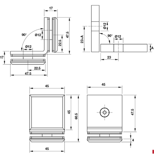 Kẹp kính 90º phòng tắm kính Hafele 981.77.916 4 Kích thước của Kẹp kính 90º phòng tắm kính Hafele 981.77.916