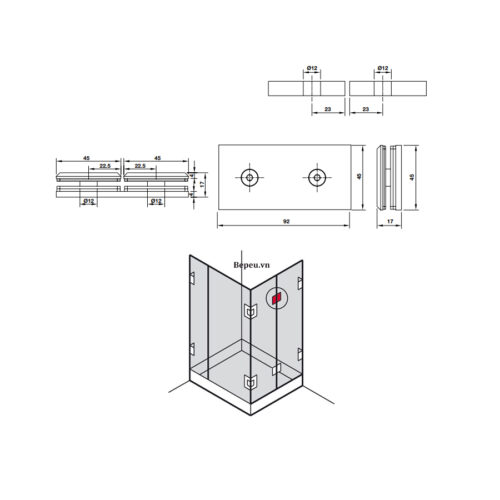 Kẹp kính - kính 180º màu đen Hafele 981.77.913 5 Kích thước của Kẹp kính - kính 180º màu đen Hafele 981.77.913
