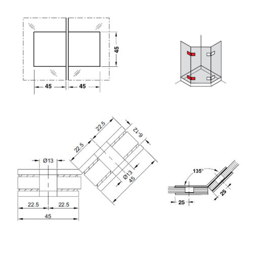 Kẹp kính - kính phòng tắm 135º Hafele 981.77.914 5 Kích thước của Kẹp kính - kính phòng tắm 135º Hafele 981.77.914