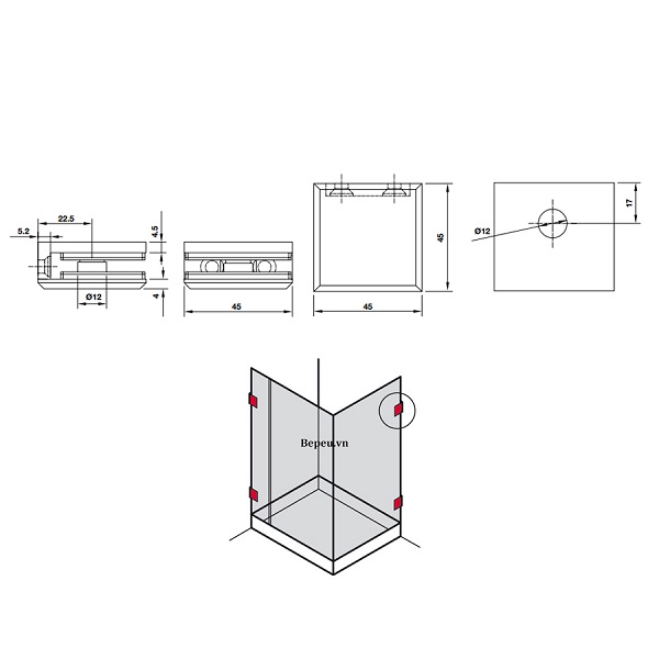 Kẹp tường - kính 90 độ màu đen Hafele 981.77.919 4 Kích thước của Kẹp tường - kính 90 độ màu đen Hafele 981.77.919