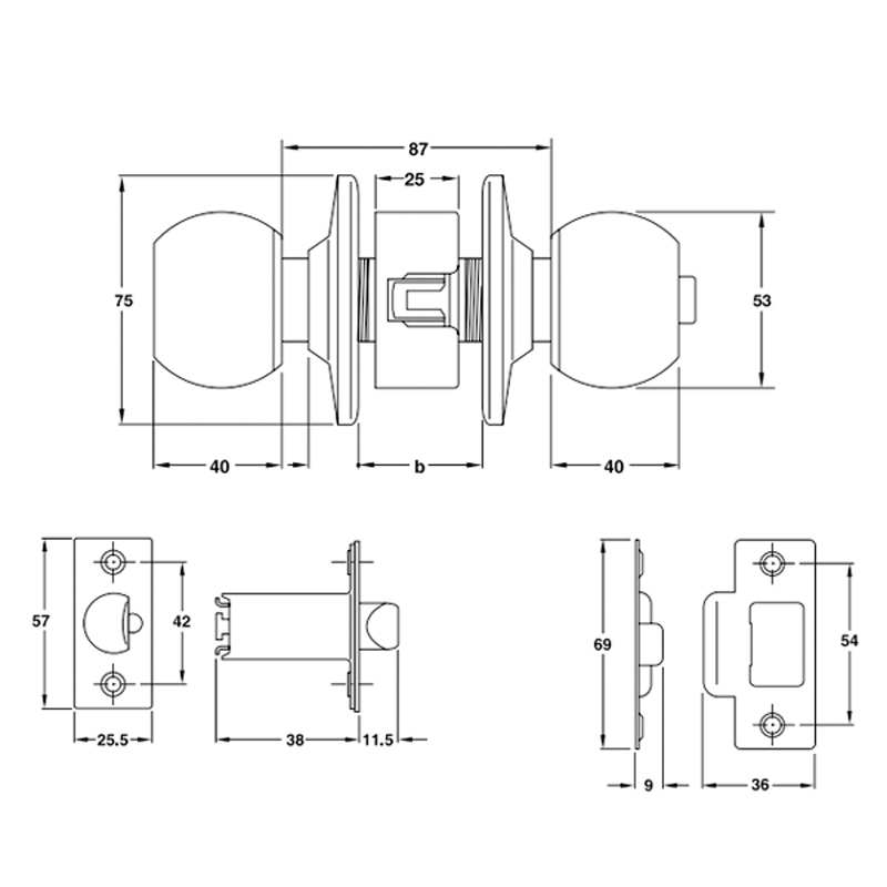 Khóa tay nắm tròn cửa chính Hafele 911.83.563 4 Kích thước của Khóa tay nắm tròn cửa chính Hafele 911.83.563