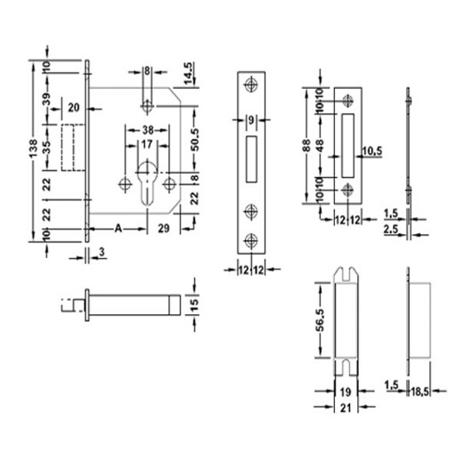 Thân khóa chốt chết Hafele 911.22.386 4 Kích thước của Thân khóa chốt chết Hafele 911.22.386