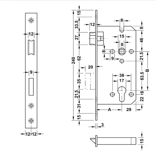 Thân khóa lưỡi gà chốt chết C/C 85mm Hafele 911.02.069 4 Kích thước của Thân khóa lưỡi gà chốt chết C/C 85mm Hafele 911.02.069