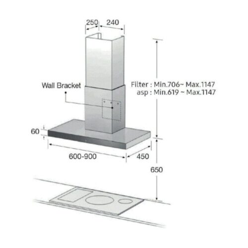 Máy hút mùi áp tường Samsung NK24M5070BS/UR 9 Kích thước máy hút mùi áp tường Samsung NK24M5070BS/UR