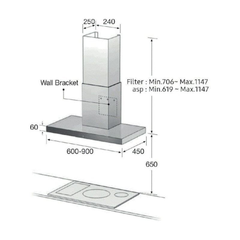 Máy hút mùi áp tường Samsung NK24M5070BS/UR 6 Kích thước máy hút mùi áp tường Samsung NK24M5070BS/UR
