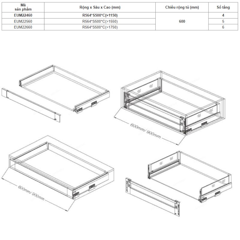 Kích thước tủ kho ngăn kéo độc lập Eurogold EUM22460 Kích thước tủ kho ngăn kéo độc lập Eurogold EUM22460