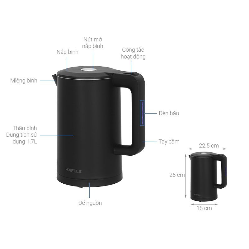 Bình đun siêu tốc Hafele 1.7L HS-K1705DB 535.43.548 8 Kích thước bình đun siêu tốc Hafele 1.7L HS-K1705DB 535.43.548