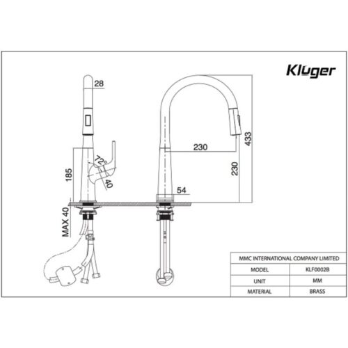 Vòi rửa bát nóng lạnh Kluger KLF0002B có dây rút 9 Kích thước vòi rửa bát nóng lạnh Kluger KLF0002B có dây rút