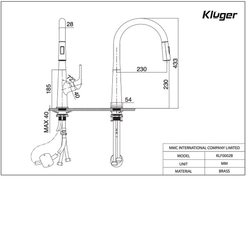 Vòi rửa bát nóng lạnh Kluger KLF0002C có dây rút 6 Kích thước vòi rửa bát nóng lạnh Kluger KLF0002C có dây rút