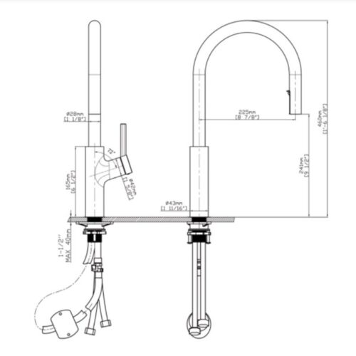 Vòi rửa bát nóng lạnh Kluger KLF0006C có dây rút 9 Kích thước vòi rửa bát nóng lạnh Kluger KLF0006C có dây rút