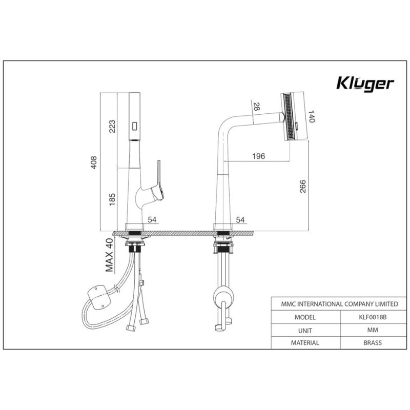 Vòi rửa bát nóng lạnh Kluger KLF0018B có dây rút 6 Kích thước vòi rửa bát nóng lạnh Kluger KLF0018B có dây rút
